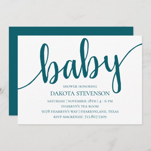 Invitation Script Turquoise simple | Baby shower bleu foncé (Devant / Derrière)