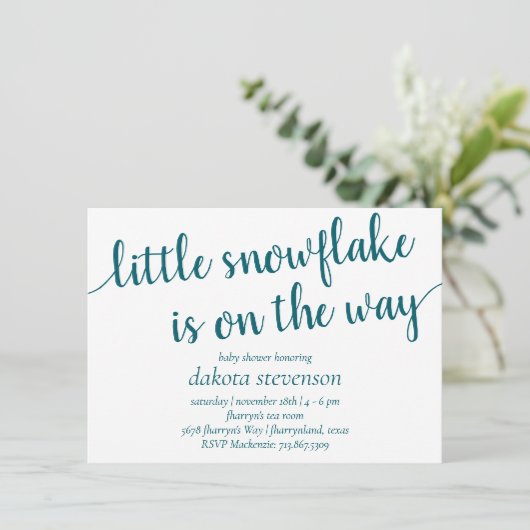Invitation Script Turquoise simple | Flocon de neige bleu-ver (Debout devant)