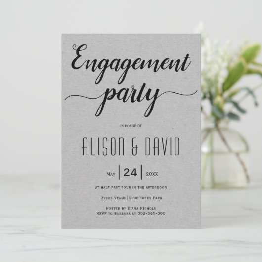 Invitation Script typographie gris mariage partie d'engagemen (Debout devant)