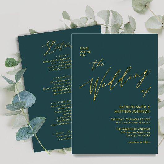 Invitation Script Vert Élégant Or Tout en un Mariage