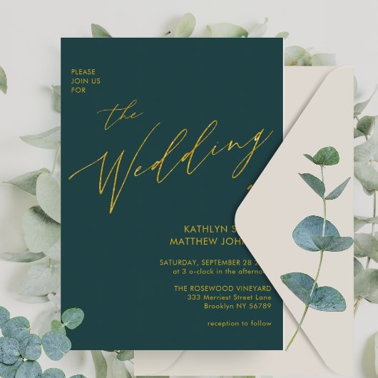 Invitation Script Vert Élégant Or Tout en un Mariage