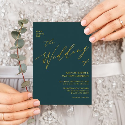Invitation Script Vert Élégant Or Tout en un Mariage
