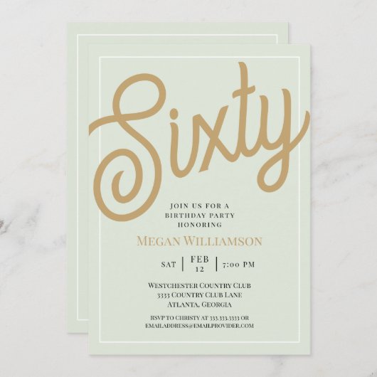 Invitation Script vert et or 60e anniversaire (Devant / Derrière)