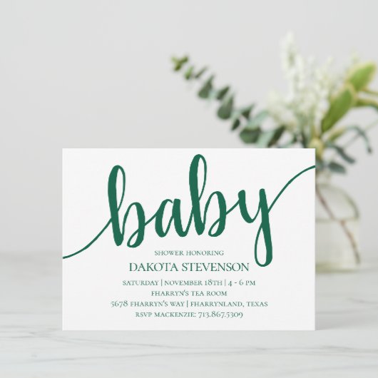 Invitation Script vert simple | Baby shower Bold Hunter (Debout devant)