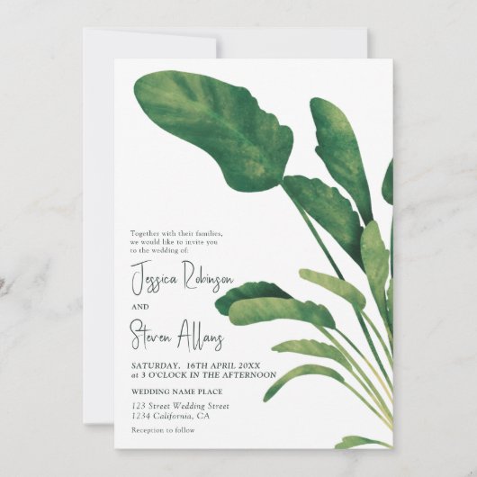 Invitation Script vert tropical plante 3 mariage photo (Devant)