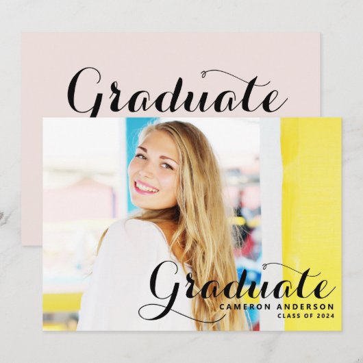 Invitation Script Whimsical | Black Photo Graduation Annonce (Devant / Derrière)