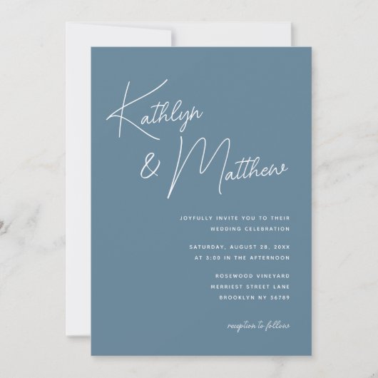 Invitation Script Whimsical bleu Dusty Mariage moderne (Devant)