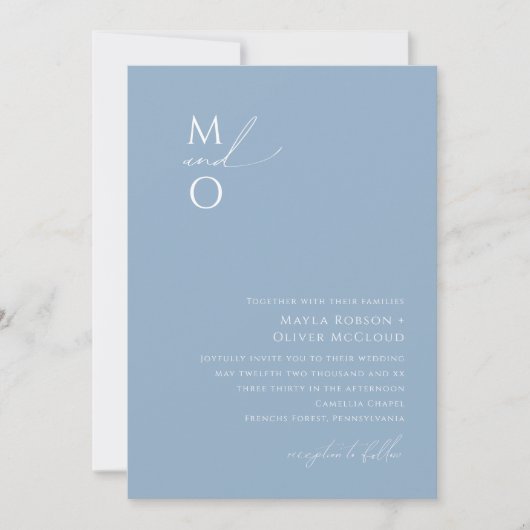 Invitation Script Whimsical | Dusty Blue Monogram Mariage (Devant)
