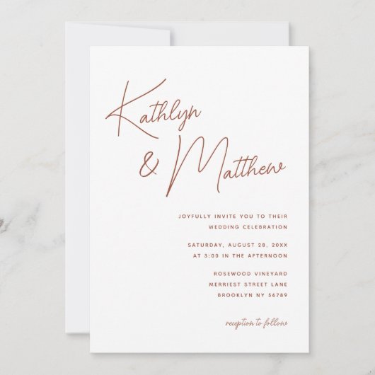 Invitation Script Whimsical en terre cuite Mariage minimalist (Devant)