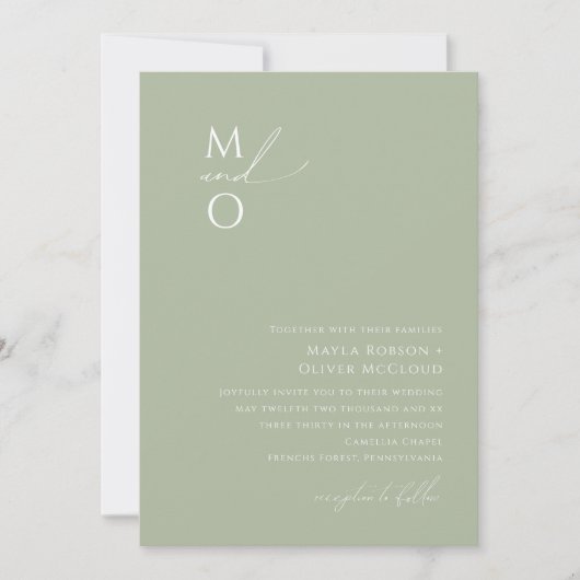 Invitation Script Whimsical | Mariage de monogramme vert Sage (Devant)