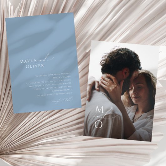 Invitation Script Whimsical | Mariage photo Monogramme bleu