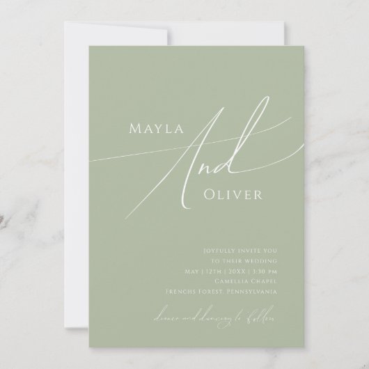Invitation Script Whimsical | Sage Vert tout en un Mariage (Devant)