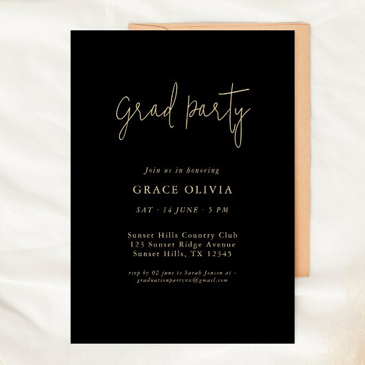 Invitation Script Whimsy simple Graduation noir et or