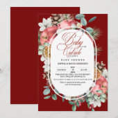 Invitation Script Winter Pine Trees Greenery  Red Baby shower (Devant / Derrière)