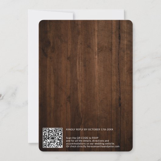 Invitation Scripts en bois brun rustique noms code qr mariage (Dos)