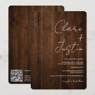 Invitation Scripts en bois brun rustique noms code qr mariage