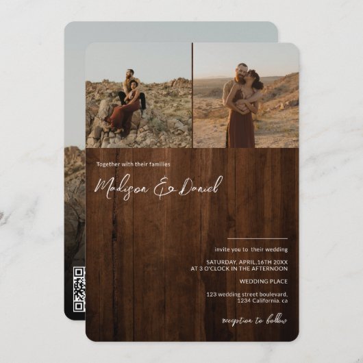 Invitation Scripts en bois rustique noms 3 photos code qr mar (Devant / Derrière)