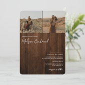 Invitation Scripts en bois rustique noms 3 photos code qr mar (Debout devant)