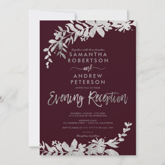 Invitation Scripts SIlver floral bordeaux soirée réception (Devant)