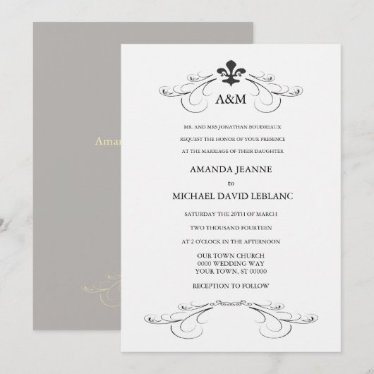 Invitation Scroll Fleur de Lis Wedding décoratif (gris) (Devant / Derrière)