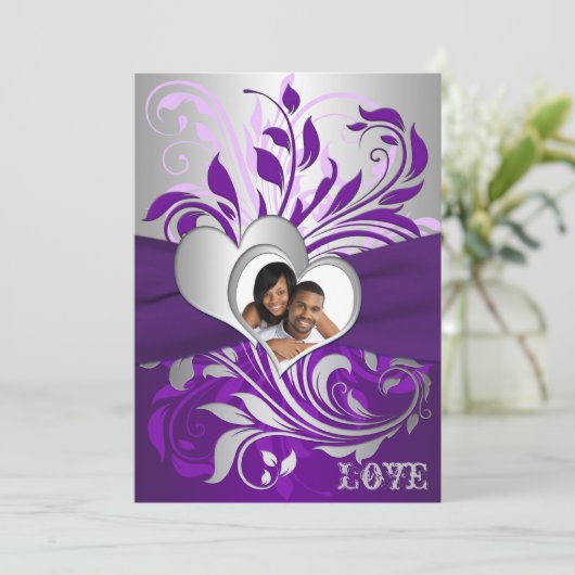 Invitation Scrolls d'argent violet, Coeurs Mariage photo Invi (Debout devant)