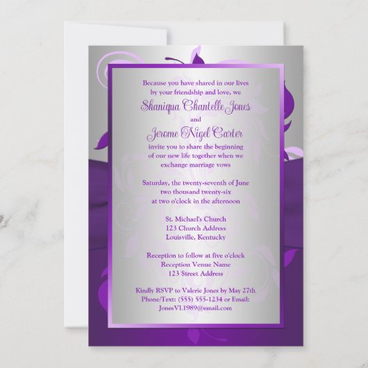 Invitation Scrolls d'argent violet, Coeurs Mariage photo Invi (Dos)