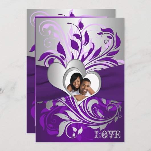 Invitation Scrolls d'argent violet, Coeurs Mariage photo Invi (Devant / Derrière)