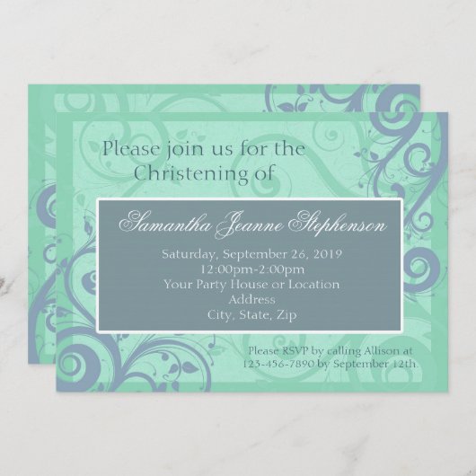 Invitation Scrolls Élégants Bleu Bébé Baptême / Baptême (Devant / Derrière)