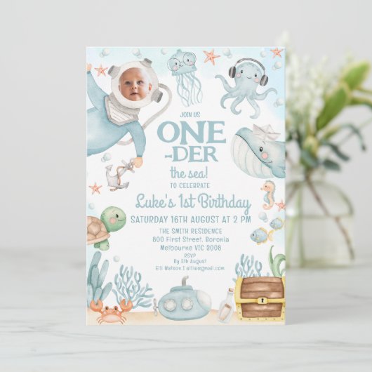 Invitation Scuba Blue Diver Oneder Mer 1er anniversaire (Debout devant)