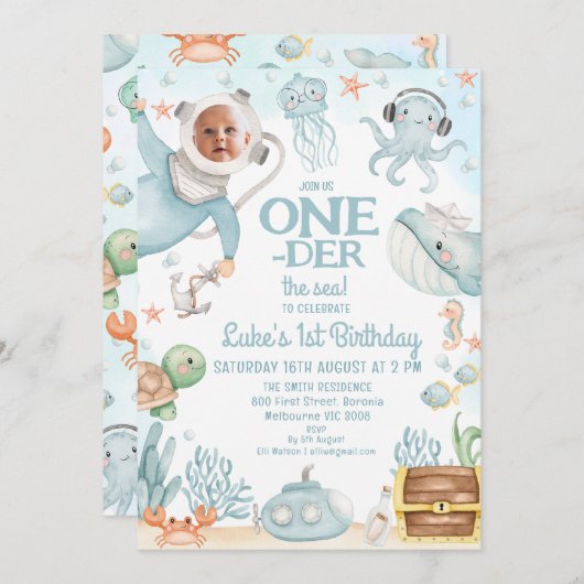Invitation Scuba Blue Diver Oneder Mer 1er anniversaire (Devant / Derrière)
