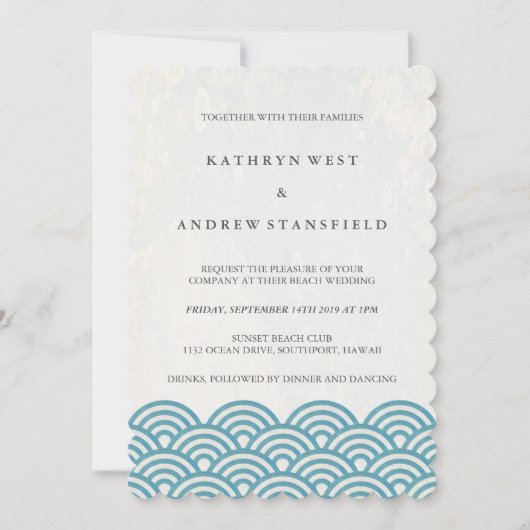 Invitation Sea Blue Green Styliszed Sea Waves Beach Wedding (Devant)