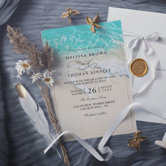 Invitation Sea Foam Heart Beach Elegant QR Code Wedding