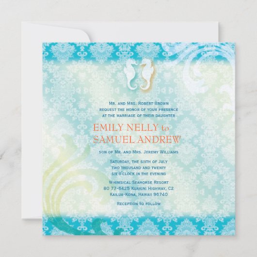 Invitation Sea Horse Couple Bijoux Damask Beach Mariage (Devant)
