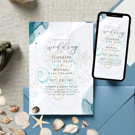 Invitation Sea Horses Ocean Life Beach Mariage Turquoise