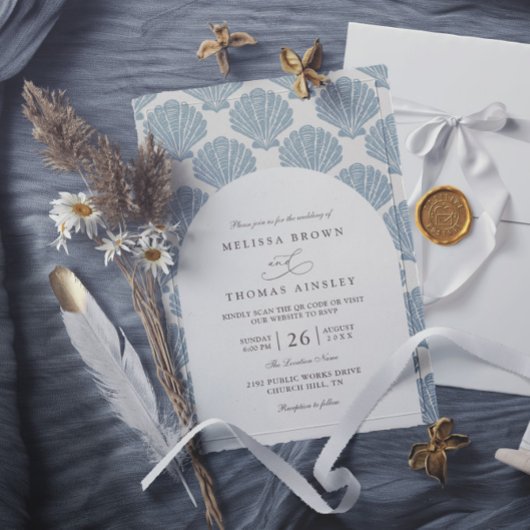 Invitation Sea Shell Beach Elegant Modern QR Code Wedding