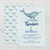 Invitation Sea Unicorn Narwal aquarelle 1er anniversaire (Devant / Derrière)