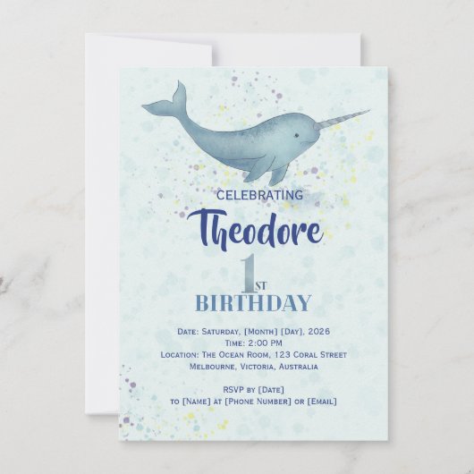 Invitation Sea Unicorn Narwal aquarelle 1er anniversaire (Devant)