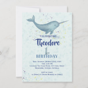 Invitation Sea Unicorn Narwal aquarelle 1er anniversaire