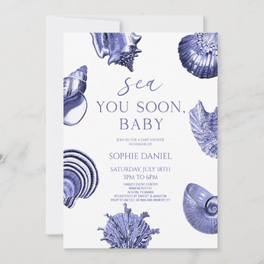 Invitation Sea You Soon, Baby Blue Seashells Baby Shower (Devant)