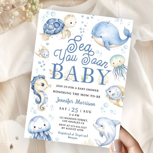 Invitation Sea You Soon Baby Shower Boy Blue Ocean  