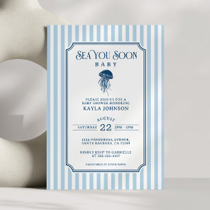 Invitation Sea You Soon Baby Shower Élégant Rayure Bleue et B