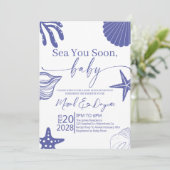 Invitation Sea You Soon Blue Scallop Shell Boy Baby Shower  (Debout devant)