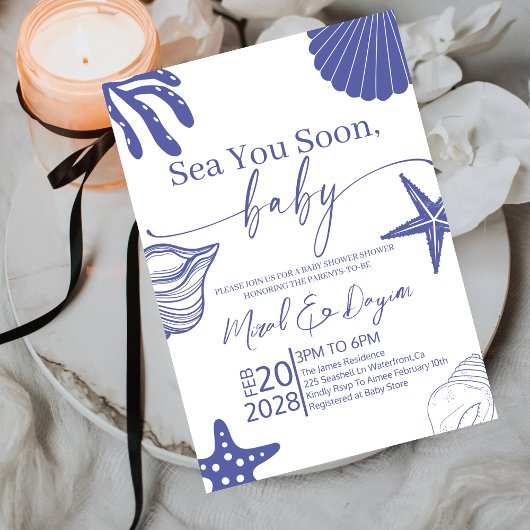Invitation Sea You Soon Blue Scallop Shell Boy Baby Shower 