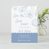 Invitation Sea You Soon Coastal Shells Blue Baby Shower (Debout devant)