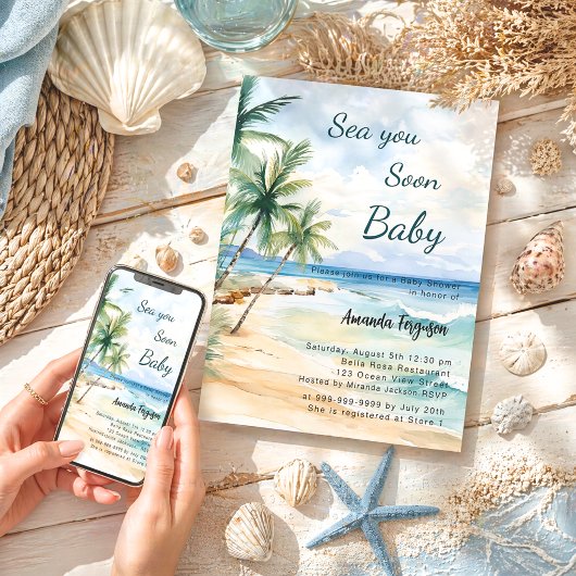 Invitation Sea you Soon coastal tropical beach Baby Shower
