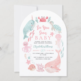 Invitation Sea You Soon Cute Ocean Animals Girl Baby Shower 