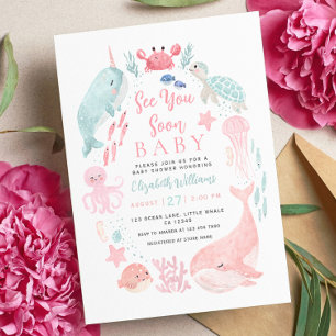 Invitation Sea You Soon Mignonne Fille Animaux de l'Océan Bab