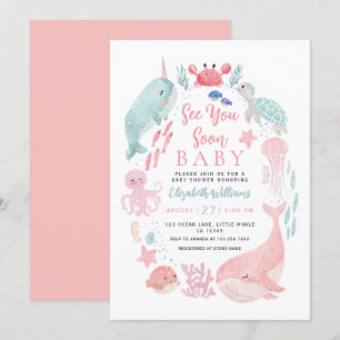 Invitation Sea You Soon Mignonne Fille Animaux de l'Océan Bab