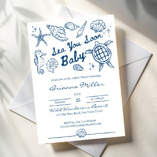 Invitation Sea you soon seashells beach boy baby shower