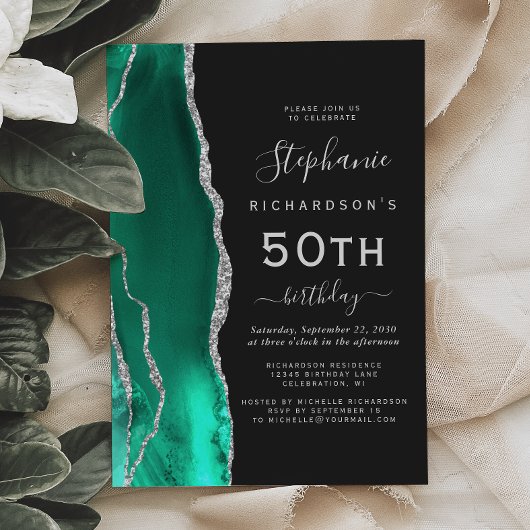 Invitation Seafoam Green Silver Agate Dark 50e anniversaire